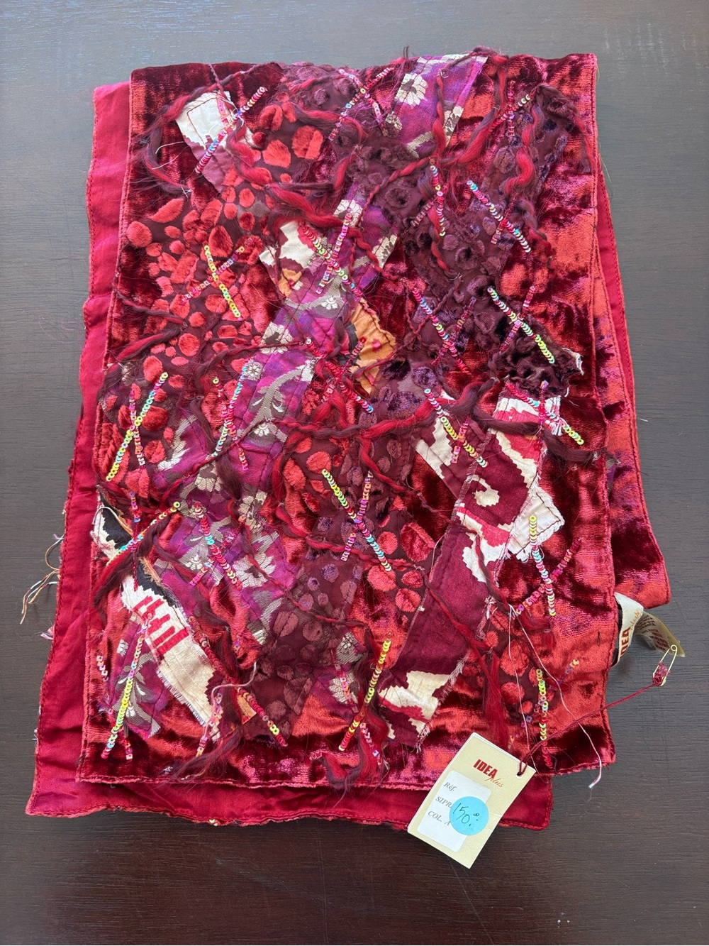 Embellished Wine Red Velvet Scarf Silk